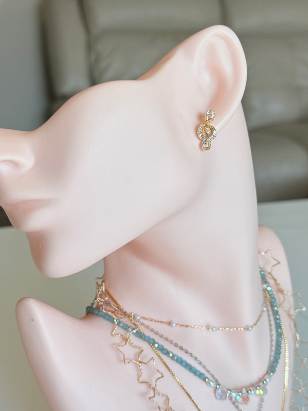 Gold Treble Clef Crystal Stud Earrings